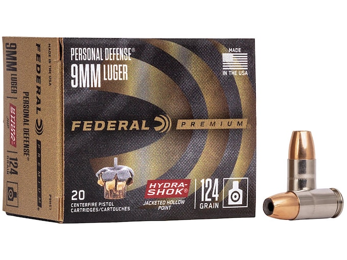 Federal Premium Personal Defense 9mm Luger Ammo 124 Grain Hydra-Shok Jacketed Hollow Point Box of 20