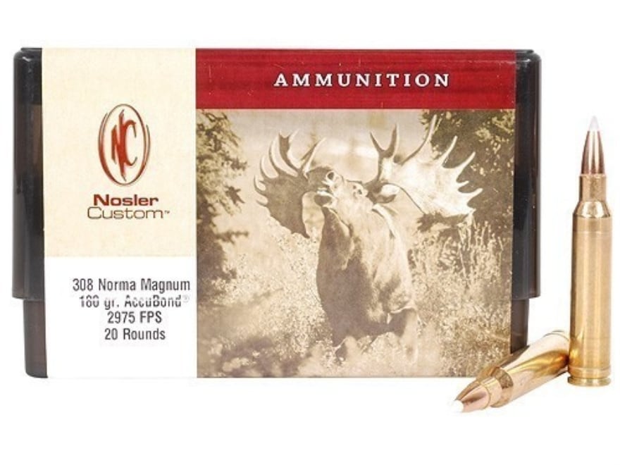 Nosler Custom 308 Norma Mag Ammo 180 Grain Nosler AccuBond Bonded