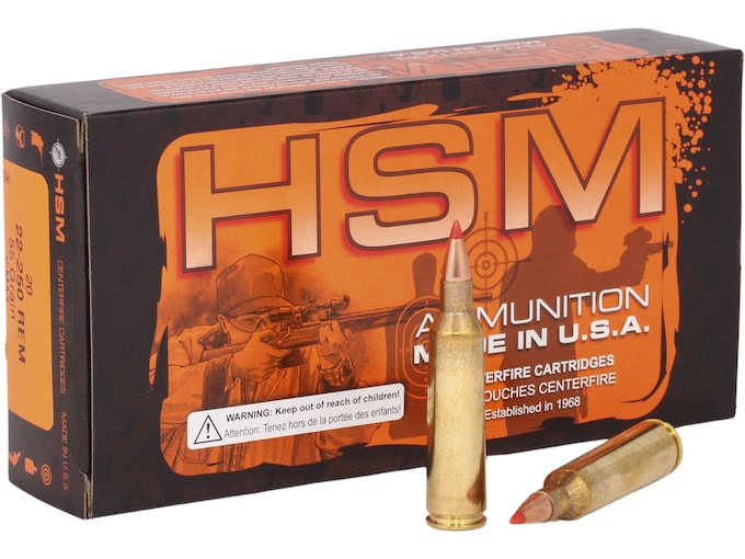 HSM 22-250 Remington Ammo 55 Grain Hornady V-Max Polymer Tip Box of 20