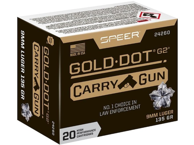 Speer Gold Dot Carry Gun 9mm Luger Ammo 135 Grain Speer G2 Jacketed Hollow Point Box of 20