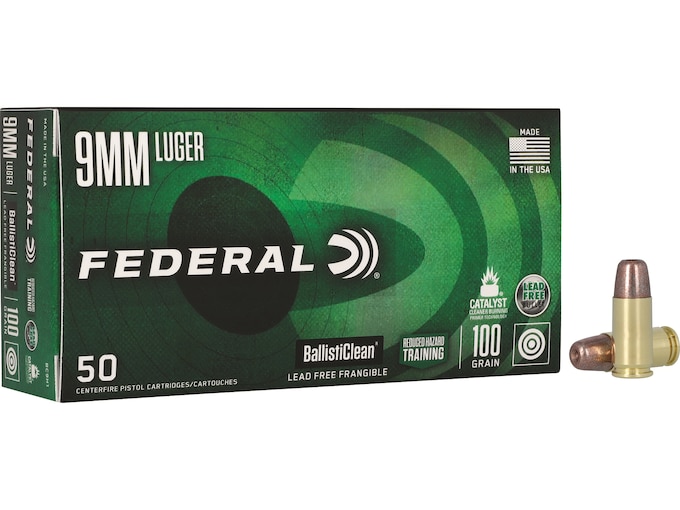Federal Premium BallistiClean RHT 9mm Luger Ammo 100 Grain Frangible Flat Nose Lead Free Box of 50