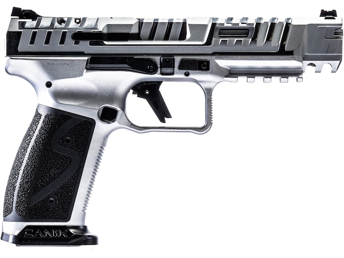 Canik SFx Rival-S 9mm Luger Pistol 5″ Barrel 18+1 Round Chrome Slide Black Grip Chrome Frame