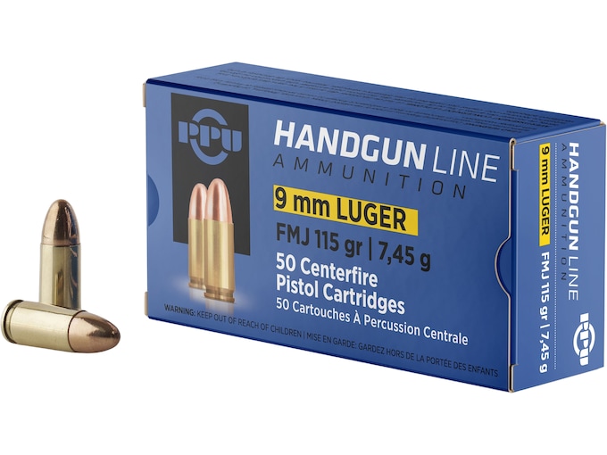 PPU 9mm Luger Ammo 115 Grain Full Metal Jacket Box of 50