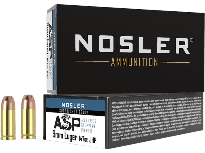 Nosler ASP 9mm Luger Ammo 147 Grain Jacketed Hollow Point Box of 50