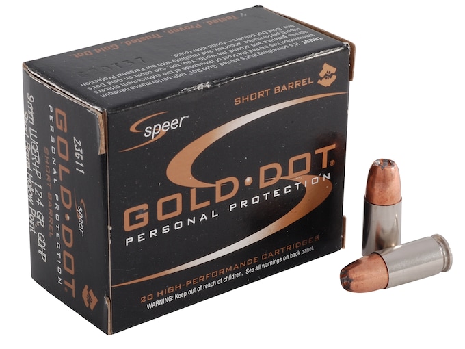 Speer Gold Dot Short Barrel 9mm Luger +P Ammo 124 Grain Bonded Jacketed Hollow Point Box of 20