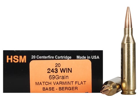 HSM Varmint Gold Ammunition 243 Winchester 69 Grain Berger Varmint Hollow Point Flat Ba...