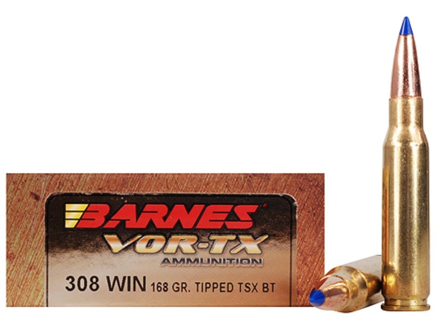 Barnes VOR-TX Ammunition 308 Winchester 168 Grain TTSX Polymer Tipped Spitzer Boat Tail Lead-Free Box of 20