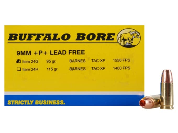 Buffalo Bore 9mm Luger +P+ Ammo 95 Grain Barnes TAC-XP Solid Hollow Point Lead Free Box of 20