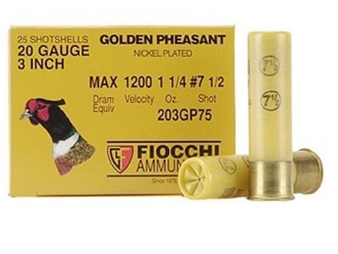 Fiocchi Golden Pheasant Ammunition 20 Gauge 3" 1-1/4 oz #7-1/2 Nickel Plated Shot Box o...