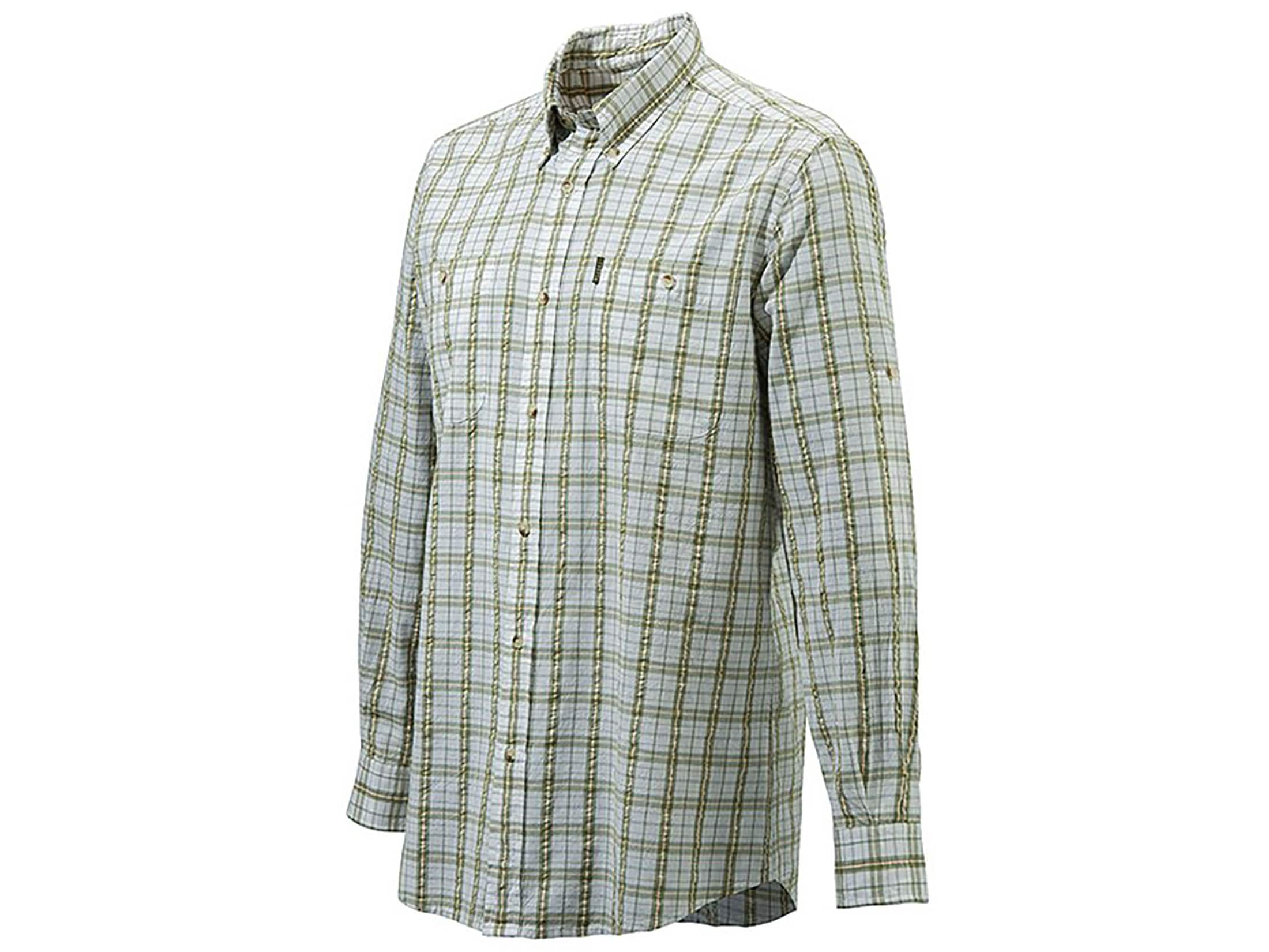 Beretta Men's Seersucker Shirt Long Sleeve Cotton White Plaid Medium