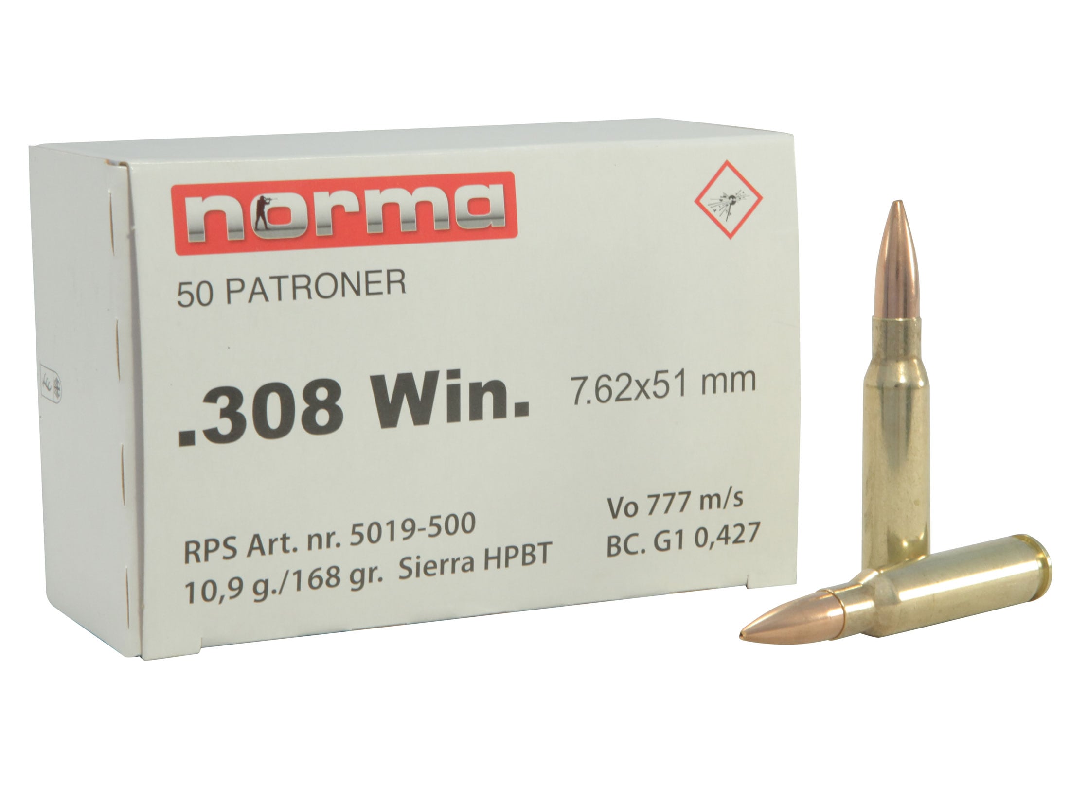 Norma Military Production 308 Winchester Ammo 168 Grain Sierra