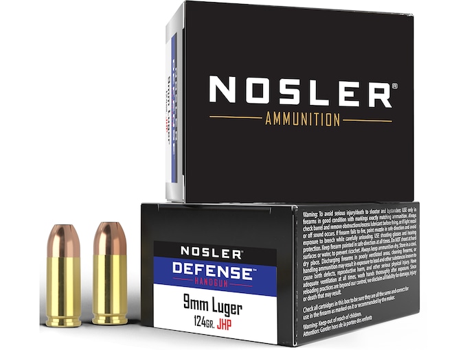 Nosler Defense 9mm Luger +P Ammo 124 Grain Bonded Jacketed Hollow Point Box of 20