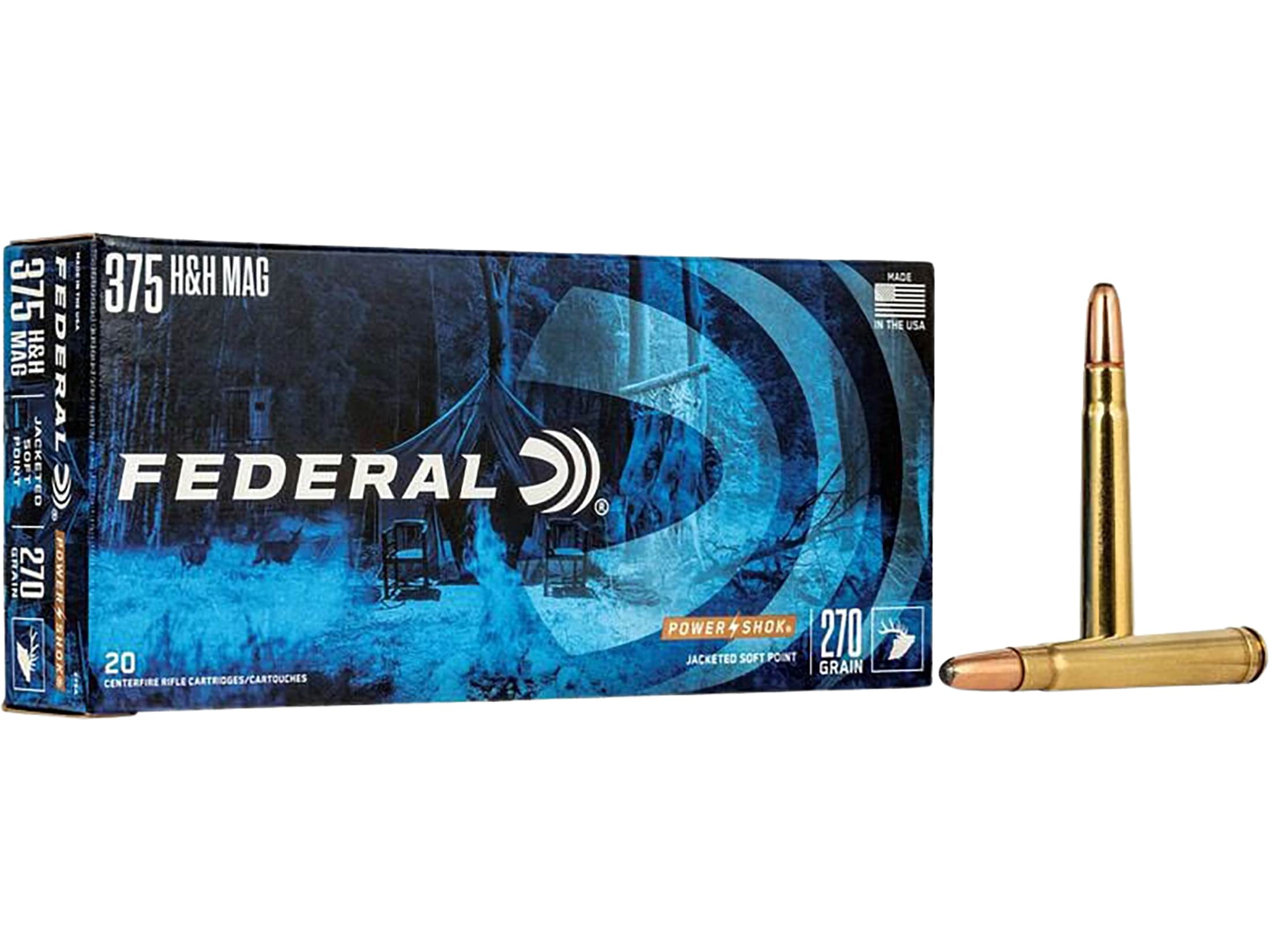 Federal Power-Shok 375 H&H Mag Ammo 270 Grain Jacketed Soft Point Box