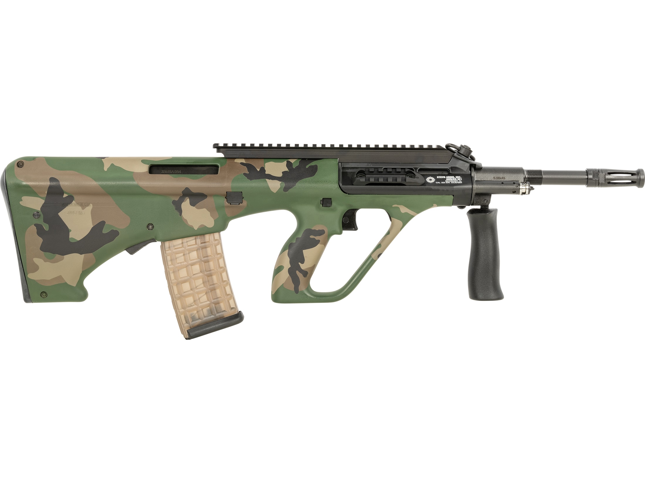 Steyr AUG A3 M1 OEM Semi Automatic Rifle 5.56x45mm NATO 16" Black Threaded Barrel Black Frame Woodland Camo Bullpup Stock