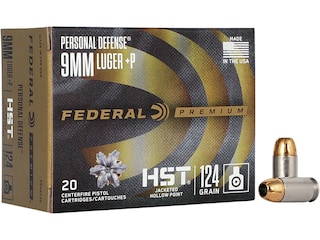 Federal Premium Personal Defense 9mm Luger +P Ammo 124 Grain Federal HST Jacketed Hollow Point Box of 20