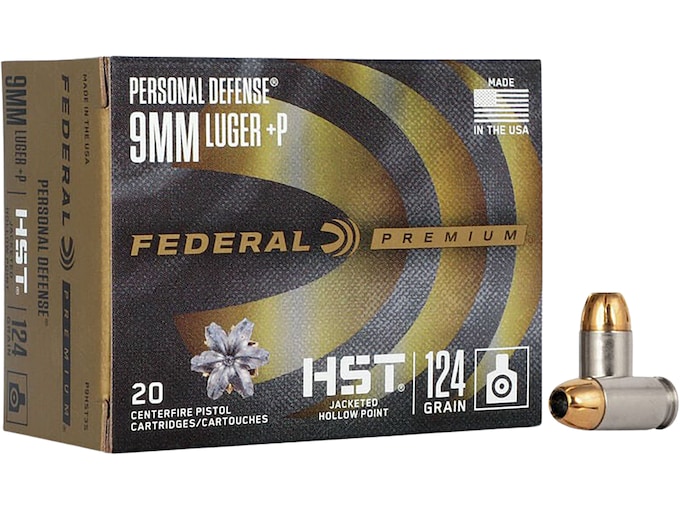 Federal Premium Personal Defense 9mm Luger +P Ammo 124 Grain Federal HST Jacketed Hollow Point Box of 20