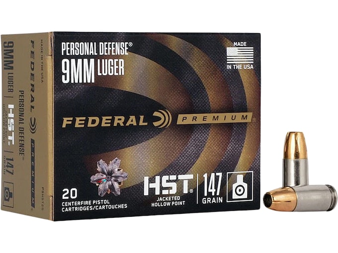 Federal Premium Personal Defense 9mm Luger Ammo 147 Grain Federal HST Jacketed Hollow Point Box of 20