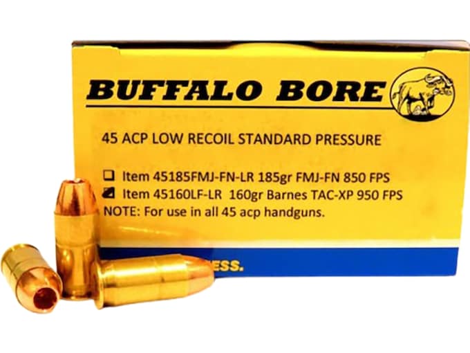 Buffalo Bore Low Recoil 45 ACP Ammo 160 Grain Barnes TAC-XP Solid Hollow Point Lead Free Box of 20