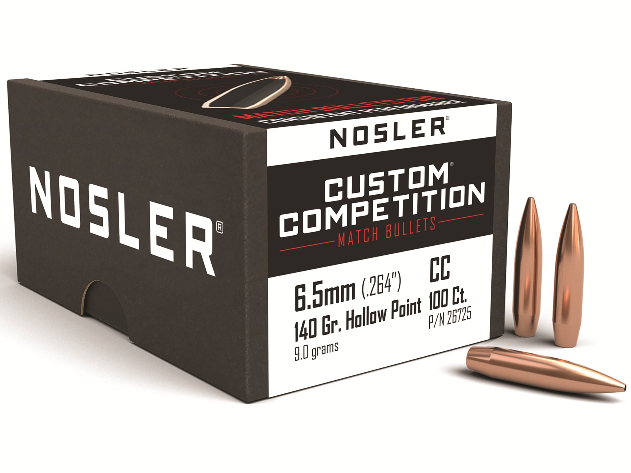 Nosler Custom Competition Bullets 264 Caliber, 6.5mm (264 Diameter) 140 Grain Jacketed Hollow Point Boat Tail