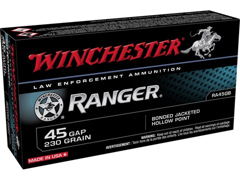 Winchester Ranger Ammunition 45 GAP 230 Grain Bonded Hollow Point Box of 50
