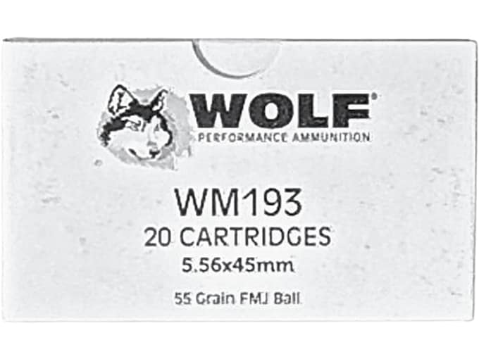 Wolf M193 5.56x45mm NATO Ammo 55 Grain Full Metal Jacket Box of 20