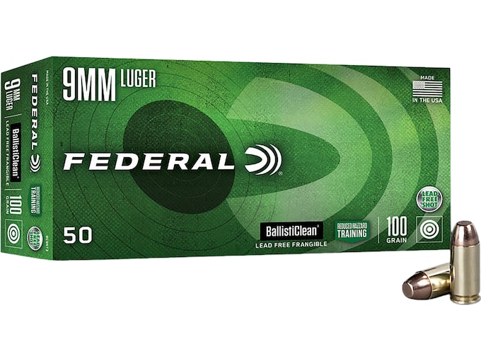 Federal Premium BallistiClean RHT 9mm Luger Ammo 100 Grain Flat Nose Lead Free Box of 50