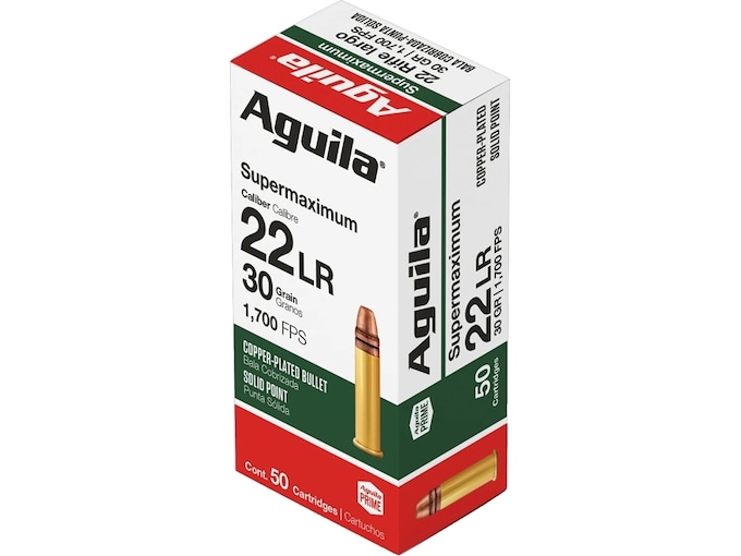 Aguila Supermaximum 22LR Ammo 30 Grain Plated Round Nose Case of 1000 (20 Boxes of 50)