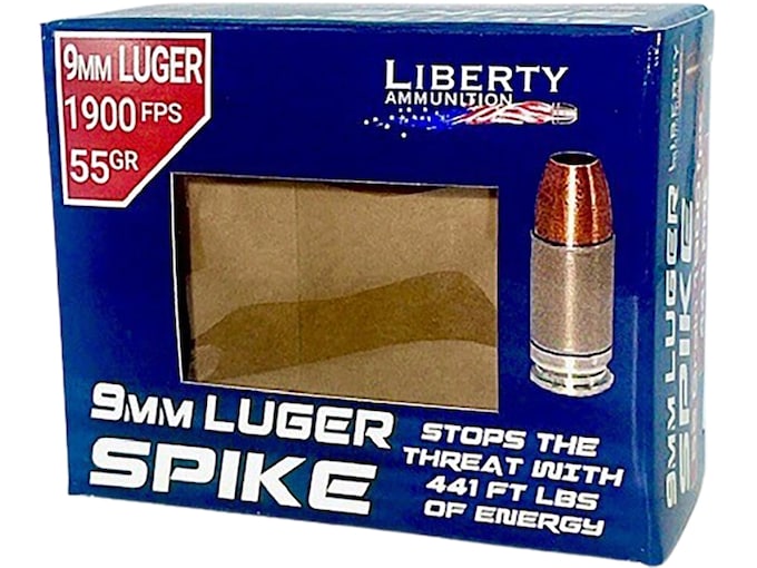 Liberty Ammunition Spike 9mm Luger Ammo 55 Grain Solid Hollow Point Lead Free Box of 20
