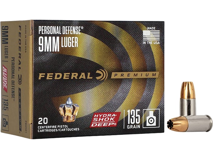 Federal Premium Personal Defense 9mm Luger Ammo 135 Grain Federal Hydra-Shok Deep Jacketed Hollow Point Box of 20