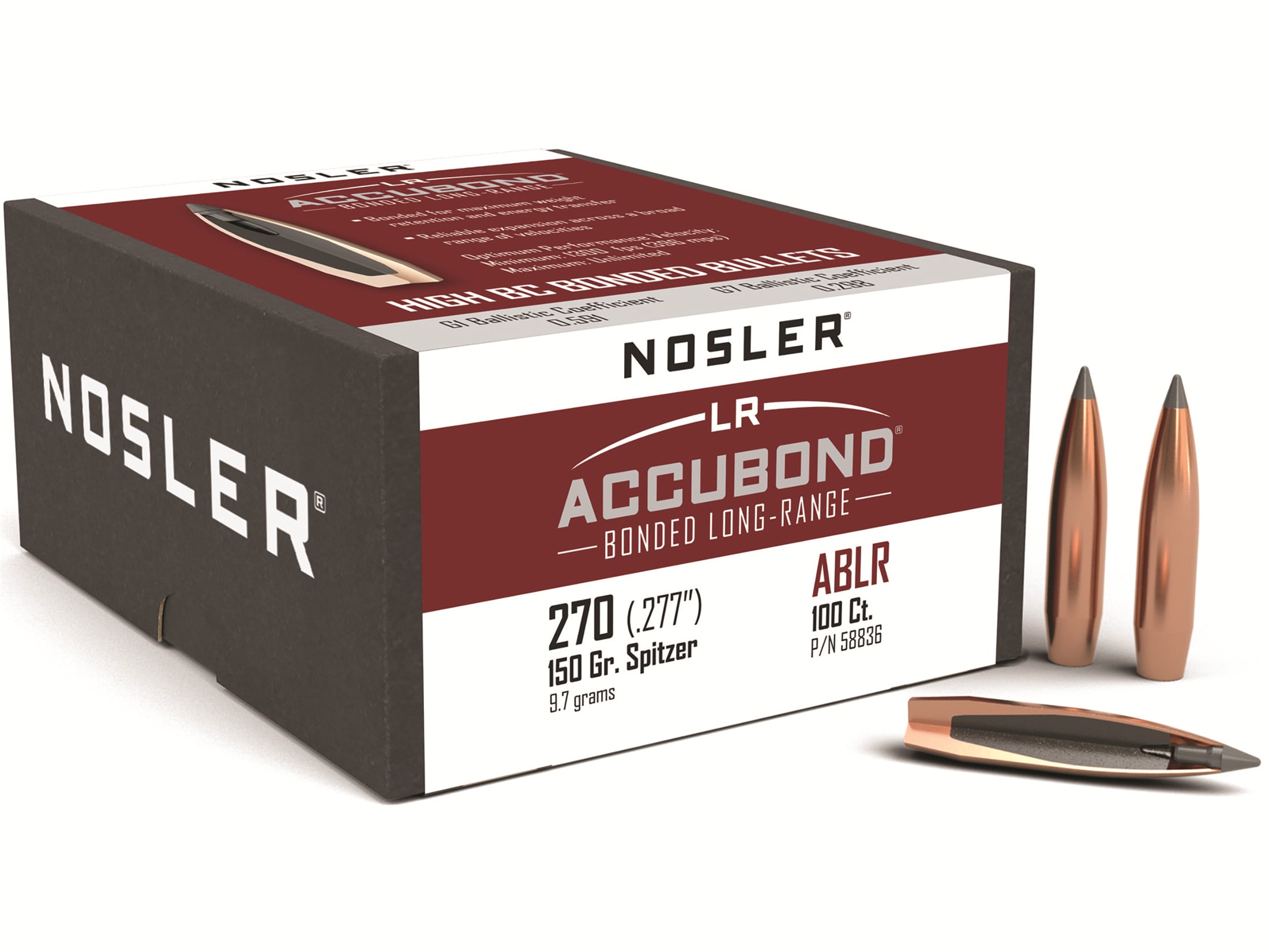Nosler AccuBond Long Range Bullets 270 Caliber (277 Diameter) 150 Grain Bonded Spitzer Boat Tail Box of 100