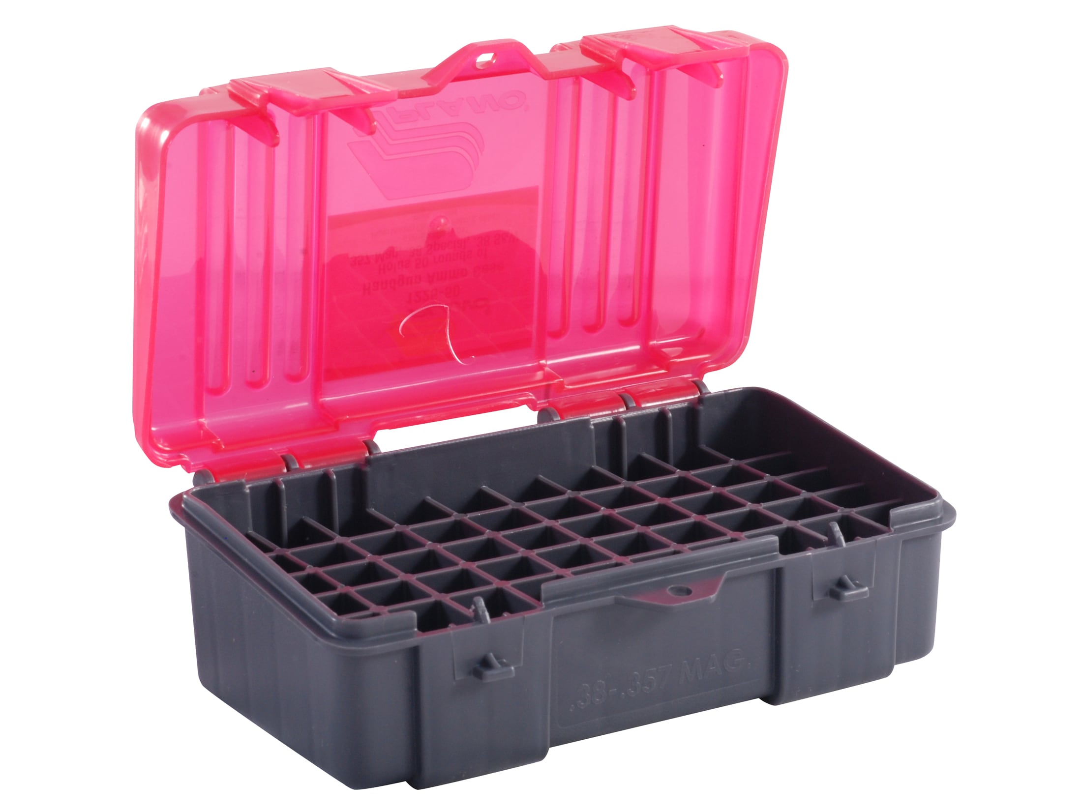 Plano Ammo Box 38 Special, 357 Magnum 100-Round Plastic Dark Gray and Clear  Amber, UPC : 024099122504