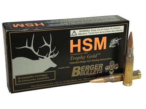 HSM Trophy Gold Ammunition 308 Winchester 168 Grain Berger Hunting VLD Hollow Point Boa...