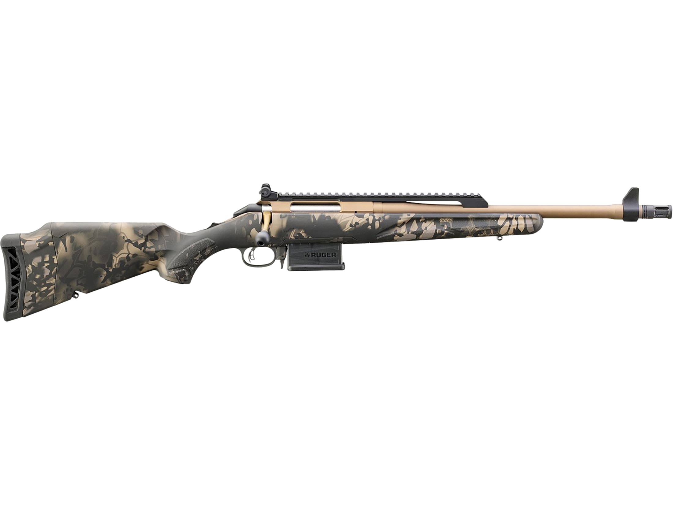 Ruger American Scout Gen II Bolt Action Rifle 308 Winchester 16" Fluted Smoked Bronze Cerakote Threaded Barrel Smoked Bronze Cerakote Frame Kryptek Obskura Nox Field Stock