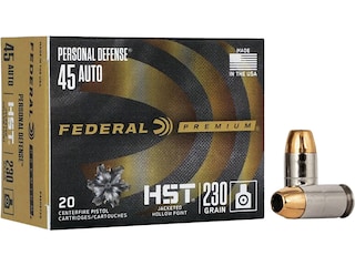 Federal Premium Personal Defense 45 ACP Ammo 230 Grain Federal HST Jacketed Hollow Point Box of 20