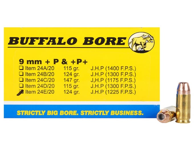 Buffalo Bore 9mm Luger +P Ammo 124 Grain Jacketed Hollow Point Box of 20