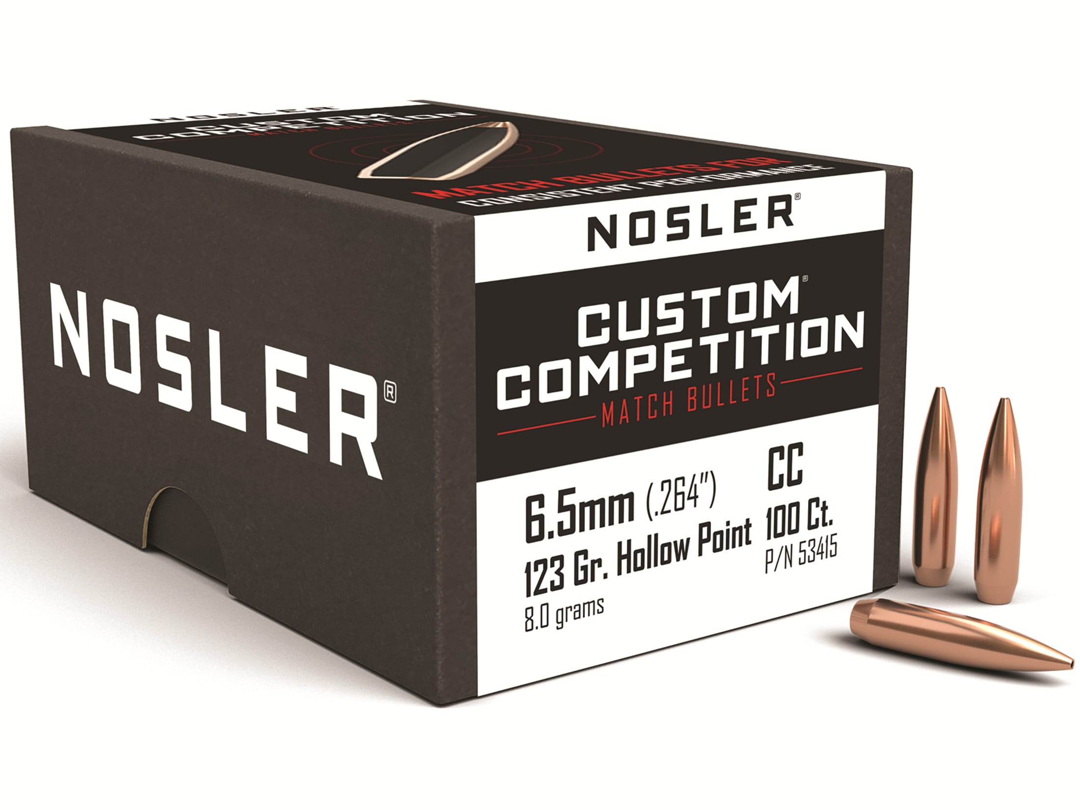 Nosler Custom Competition Bullets 264 Caliber, 6.5mm (264 Diameter) 123 Grain Hollow Point Boat Tail