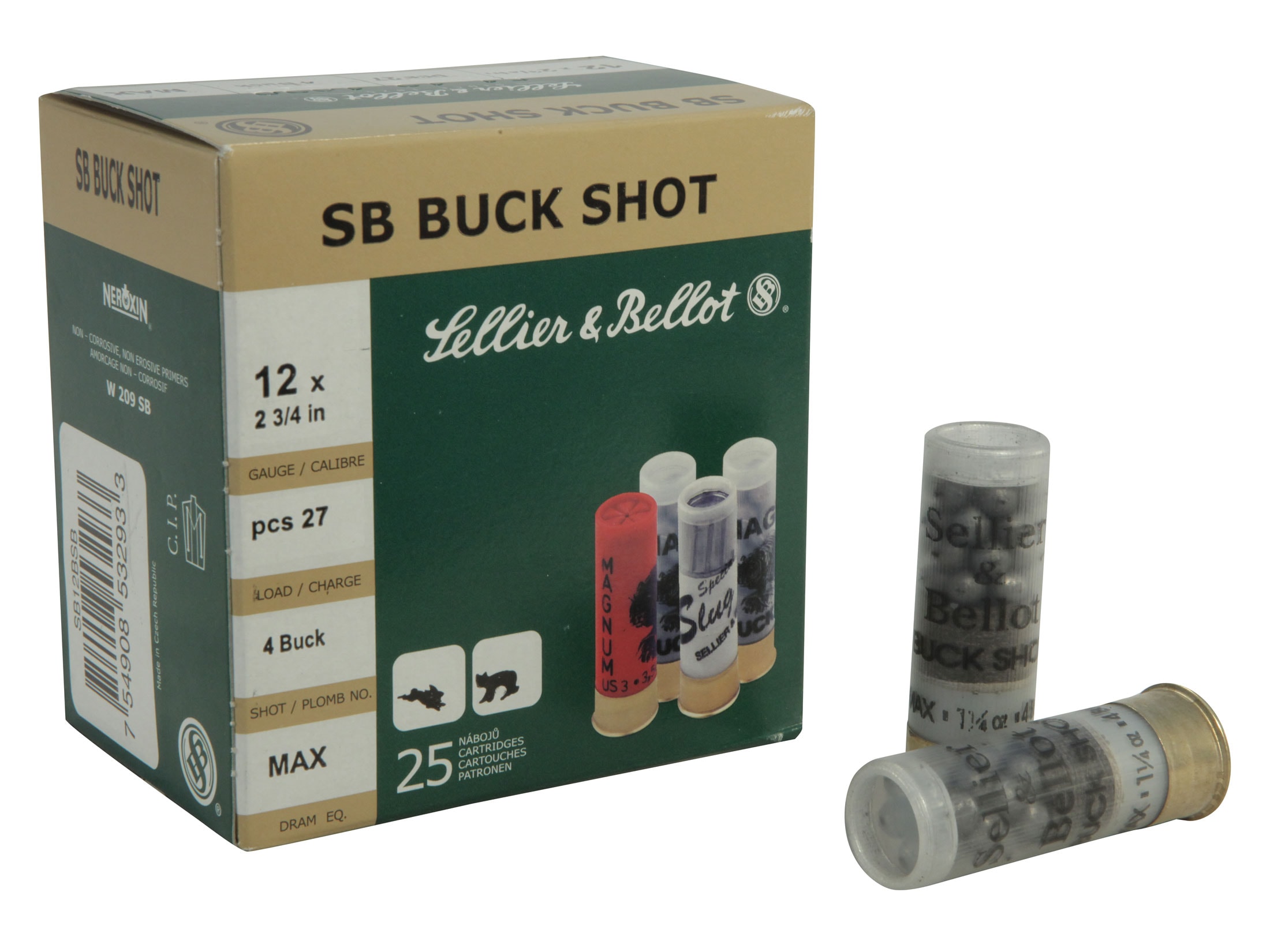 Sellier & Bellot Ammo 12 Ga 2-3 4 #4 Buckshot 27 Pellets Box Of 25