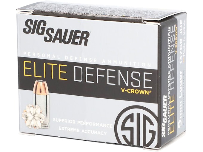 Sig Sauer Elite Defense 9mm Luger Ammo 147 Grain Sig V-Crown Jacketed Hollow Point Box of 20