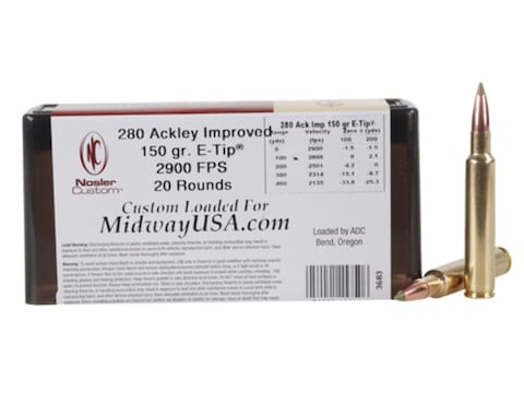 Nosler Custom Ammo 280 Ackley Improved 150 Grain E-Tip Lead-Free Box