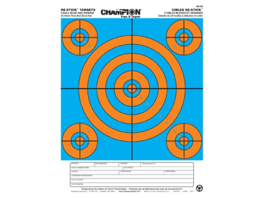 Champion Re-Stick 5 Bull Blue Orange Self-Adhesive Targets 8.5 x 11