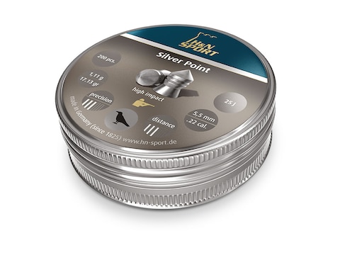 H&N Silver Point Pellets 22 Caliber 17.13 Grain 5.5mm Head-Size Pointed Tin of 200