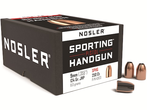 Nosler Sporting Handgun Bullets 9mm (355 Diameter) 124 Grain Jacketed Hollow Point Box ...