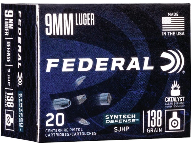 Federal Syntech Defense 9mm Luger Ammo 138 Grain Jacketed Hollow Point Box of 20
