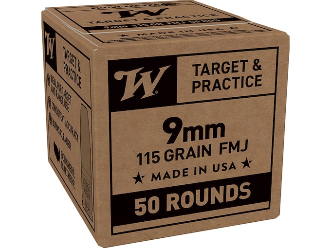 Winchester Service Grade Target & Practice 9mm Luger Ammo 115 Grain Full Metal Jacket Flat Nose Case of 1000 (20 Boxes of 50)