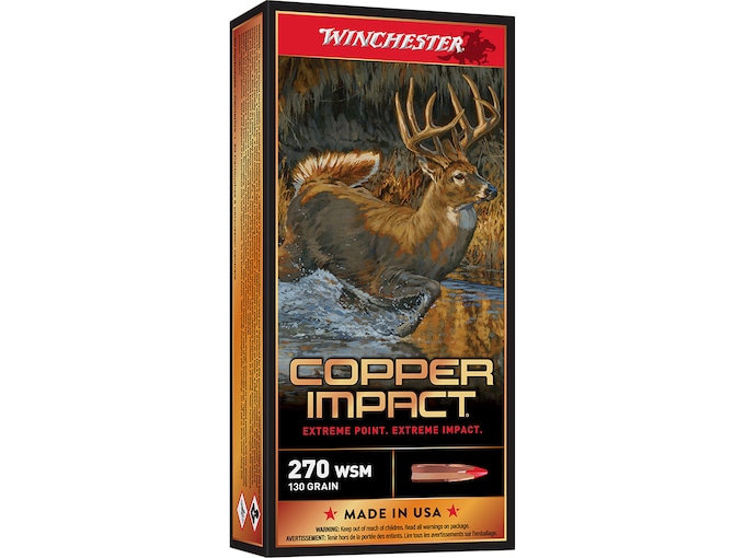 Winchester Copper Impact 270 Winchester Short Magnum (WSM) Ammo 130 Grain Winchester Copper Extreme Point Polymer Tip Lead Free Box of 20