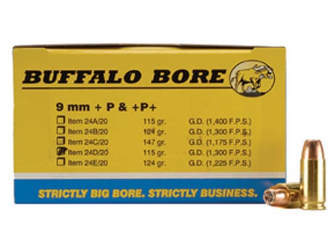 Buffalo Bore 9mm Luger +P Ammo 115 Grain Jacketed Hollow Point Box of 20