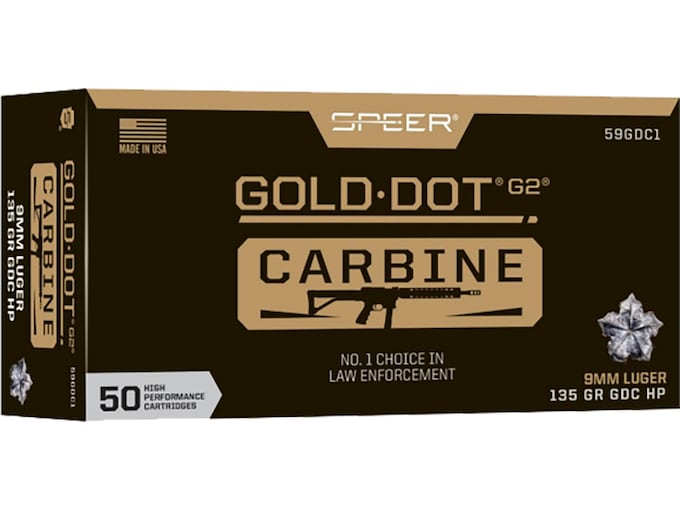 Speer Gold Dot Carbine 9mm Luger Ammo 135 Grain Speer G2 Jacketed Hollow Point Box of 50