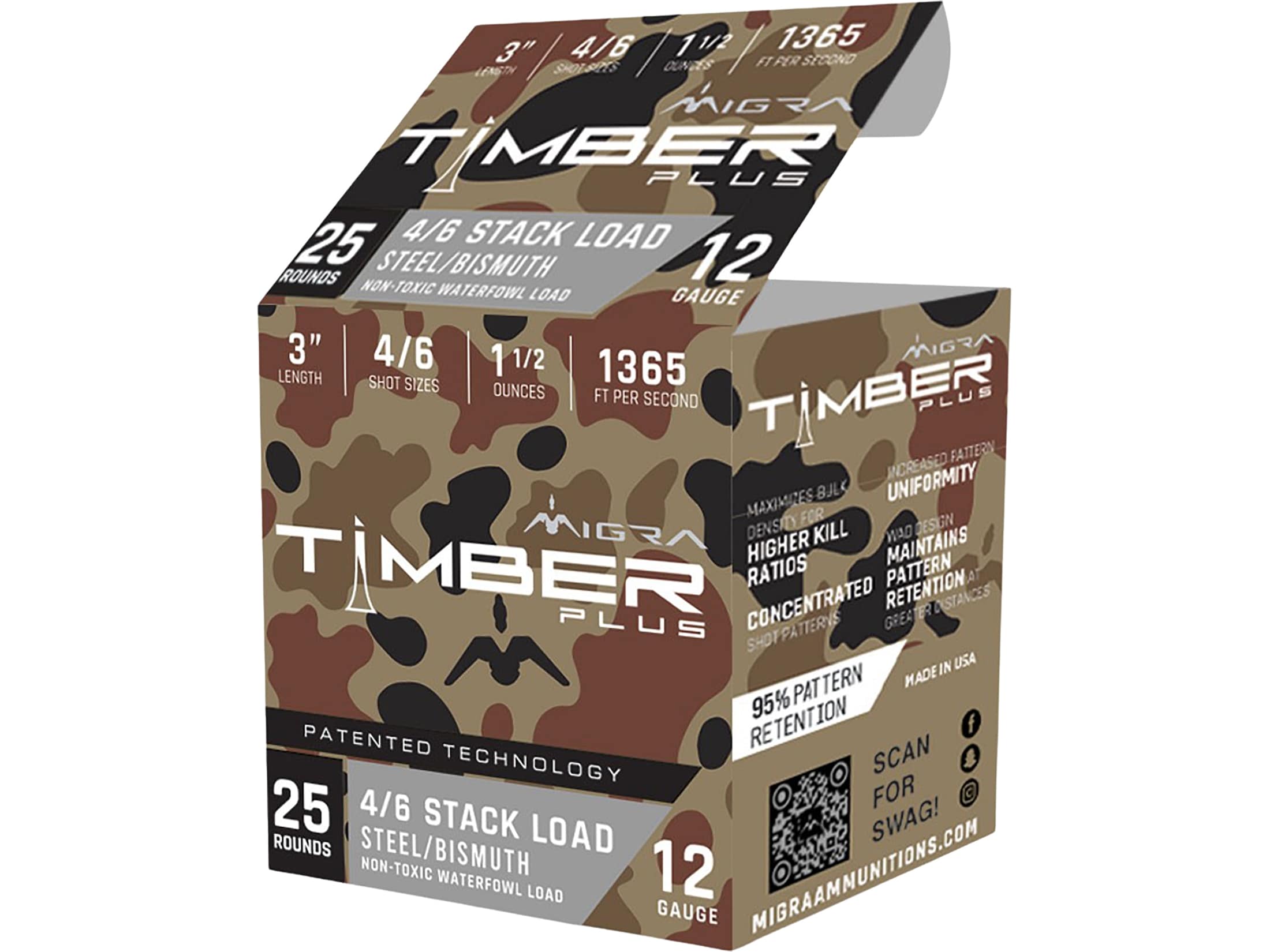 Migra Timber Plus 12 Ga Ammo 3 #4 #6 Steel Bismuth Shot 1-1/2oz Case