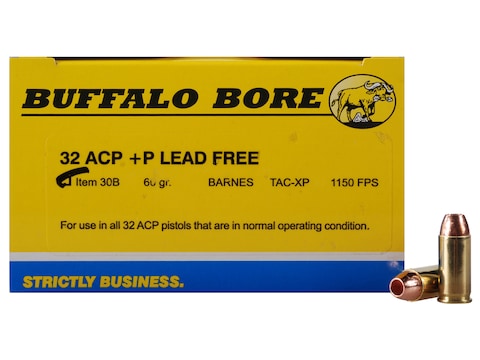 Buffalo Bore Ammunition 32 ACP +P 60 Grain Barnes TAC-XP Hollow Point Lead-Free Box of 20