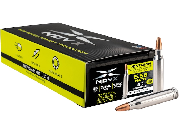 NovX Pentagon 5.56x45mm NATO Ammo 55 Grain Solid Hollow Point Lead Free Case of 200 (10 Boxes of 20)